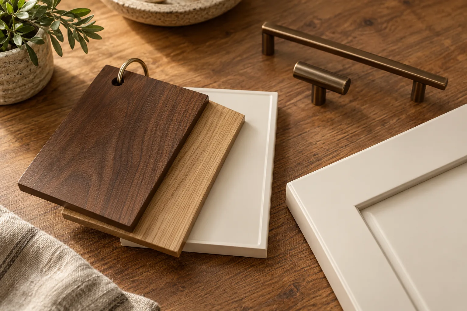 Walnut, oak and white cabinet finish samples beside bronze pulls on a wooden desk