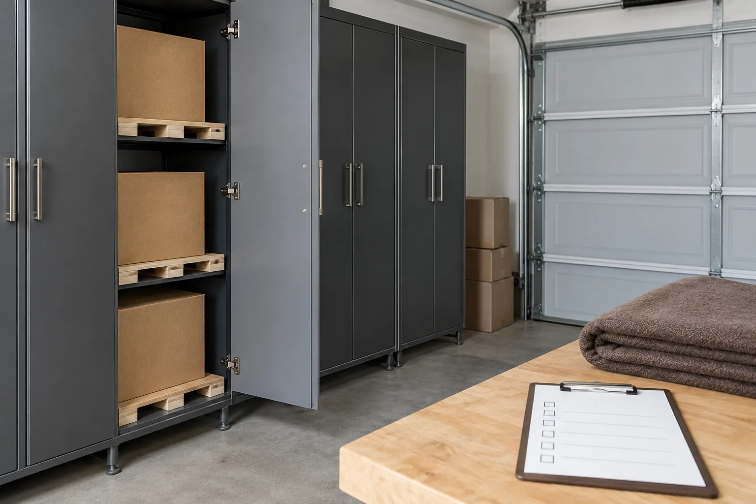 Charcoal storage cabinets with open shelves holding plain cartons and a blank checklist